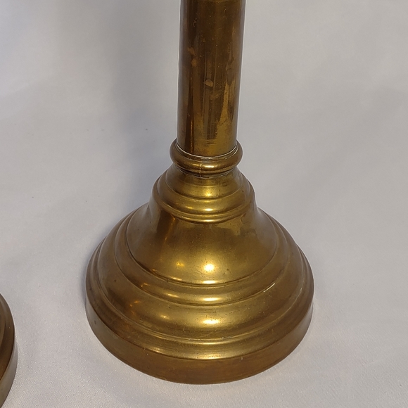 Antique Russian Brass Spring Loaded Candle Holders w/Etched Cranberry Globes - Picture 8 of 13